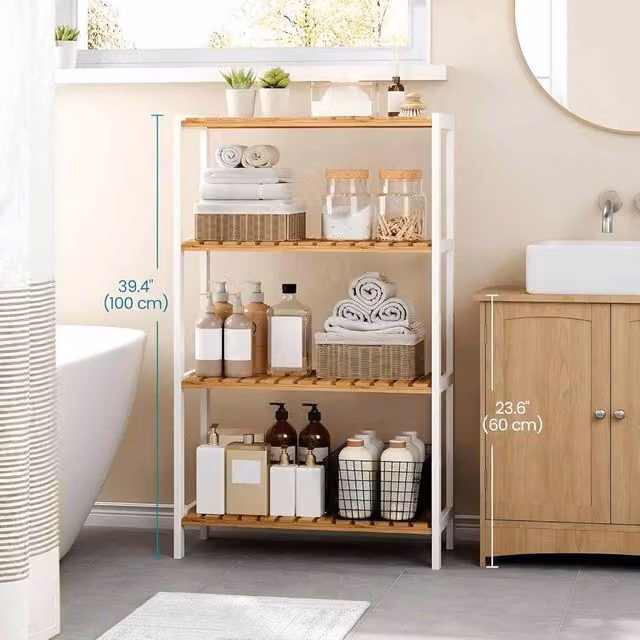 The Bazaarist 4 Tier Bamboo Freestanding Storage Shelf with Adjustable Shelves, White & Natural