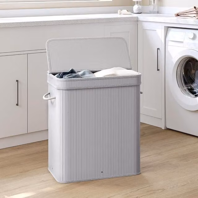 The Bazaarist Large Bamboo Laundry Basket with Lid and Handles in Grey, W/D/H: 61.0 x 34.5 x 54.5 cm