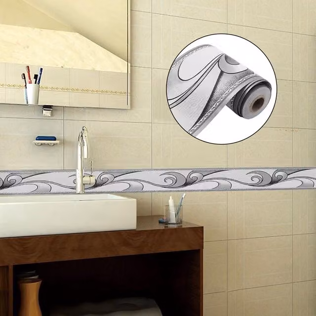 Livingandhome Abstract Art Nouveau Silver Grey Pre-pasted Vinyl Wallpaper Border Roll