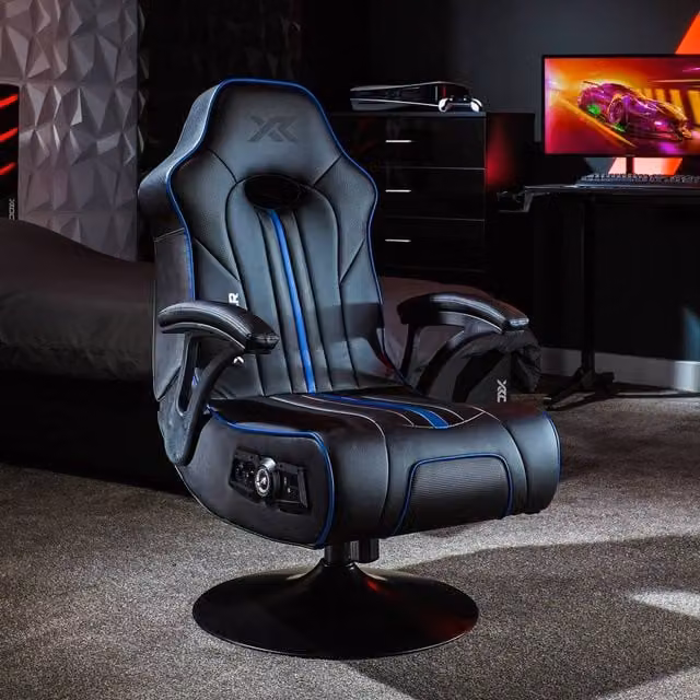 X Rocker Torque 2.1 Audio Console Gaming Chair in Black and Blue with Synthetic Leather and Headrest