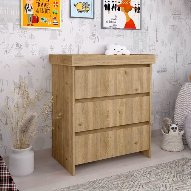 Shefa Kids Classic Baby Changing Dresser with 3 Drawers in Cremona Oak