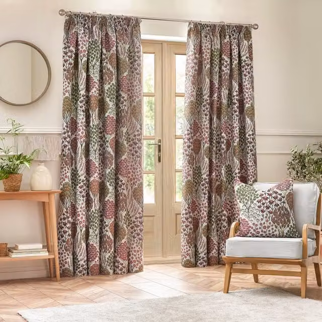Make It A Home Ophelia Floral Jacquard Pencil Pleat Curtains, Rednut, Height: 229 cm, Width: 168 cm