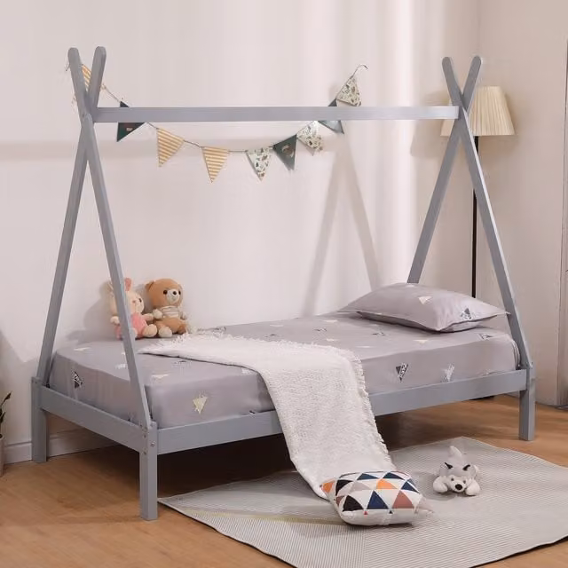 SlumberWorx Harry Kids Wooden Teepee Tent Single Bed Frame in Grey and White, Solid Pine Wood, 90 x 190 cm