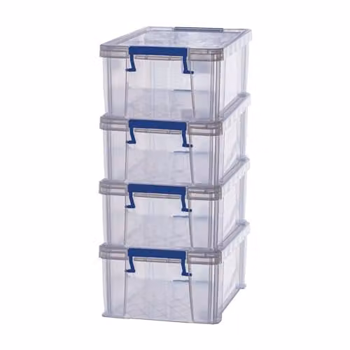 Bankers Box ProStore 4x 10L Stackable Plastic Storage Boxes with Lids, Transparent, W/D/H: 34 x 14 x 21.5 cm