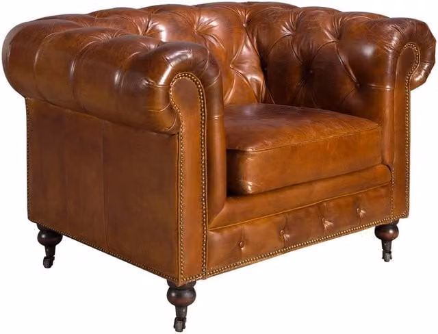 Angel Cerda Brown Leather Chesterfield Armchair with Mahogany Legs W/D/H: 120 x 79 x 94 cm