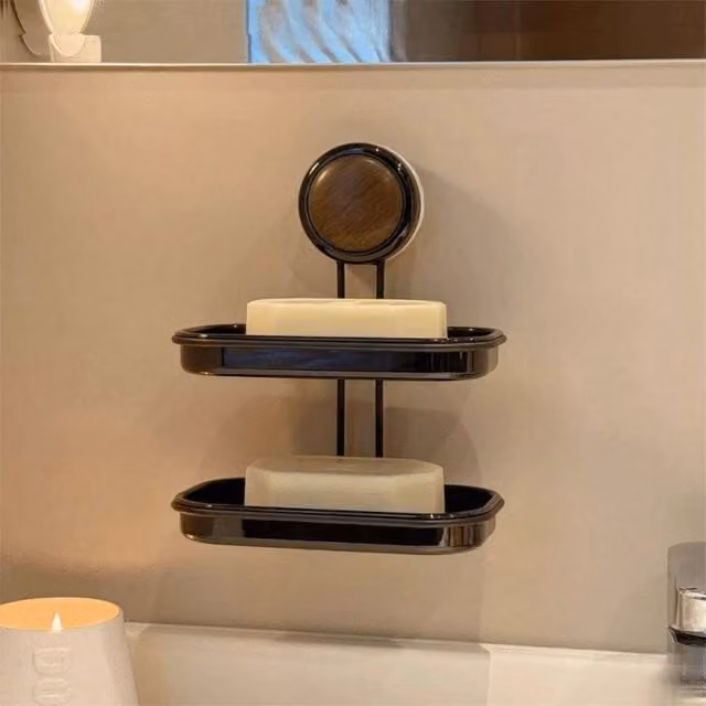 EONLION Black 2 Layer Wall Mounted Suction Soap Dish for Shower