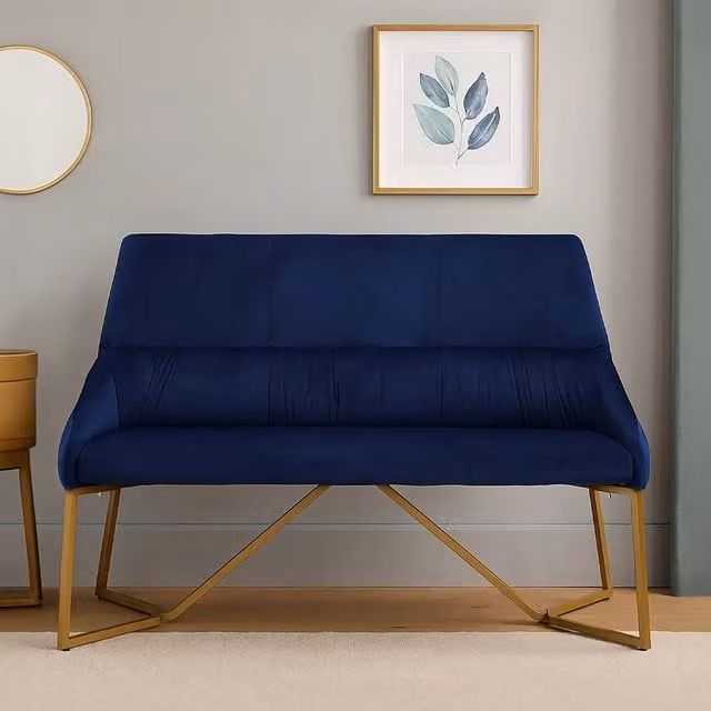 Fifty Five South Orsina Mid-Century Velvet Bench in Blue with Gold Metal Legs, W: 140 cm, H: 45 cm, D: 37 cm