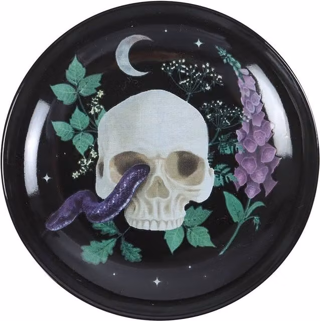 Kingsbury Gifts Venom and Vines Skull Trinket Dish, Black Ceramic Gothic Floral Plate