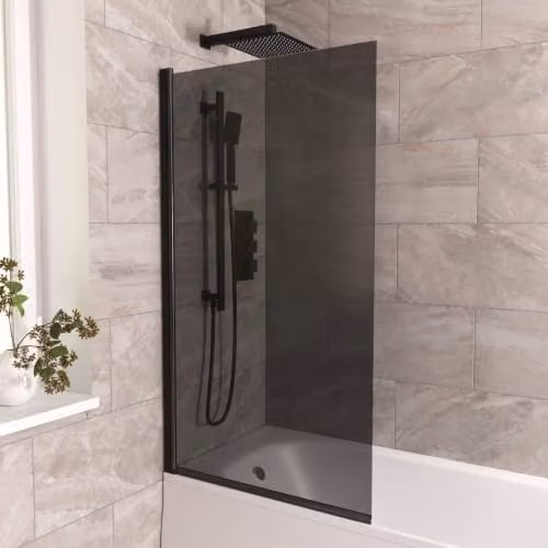 Nes Home Reversible Square Bath Screen with Black Profile and Tinted Black Glass, W: 80 cm