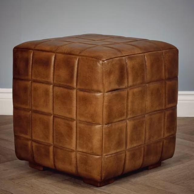 Elm Home And Garden Classic Brown Leather Cube Foot Stool with Wood Framed Upholstered Design