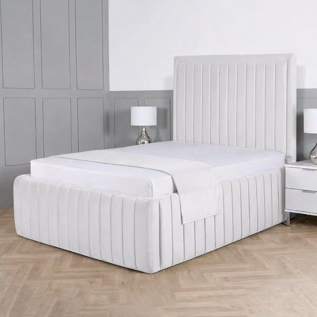 Living Comfort Bedz Saint Germain Plush Upholstered Bed with Slatted Base and 48 Inch Headboard in White, King Size