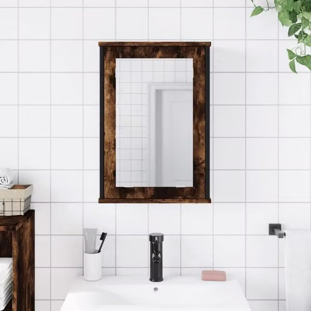 Berkfield Home Smoked Oak Bathroom Mirror Cabinet in Brown, W/D/H: 42 x 12 x 60 cm