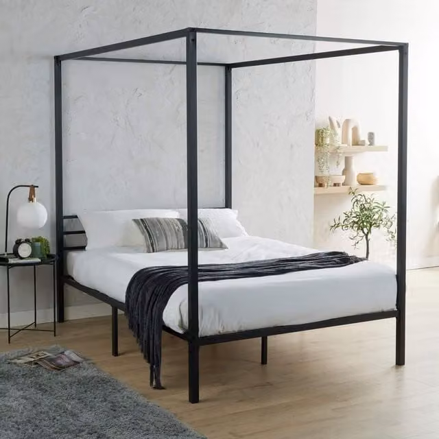 Home Source Sierra Modern Metal Four Poster Canopy Bed Frame, Black, 180 x 200 cm