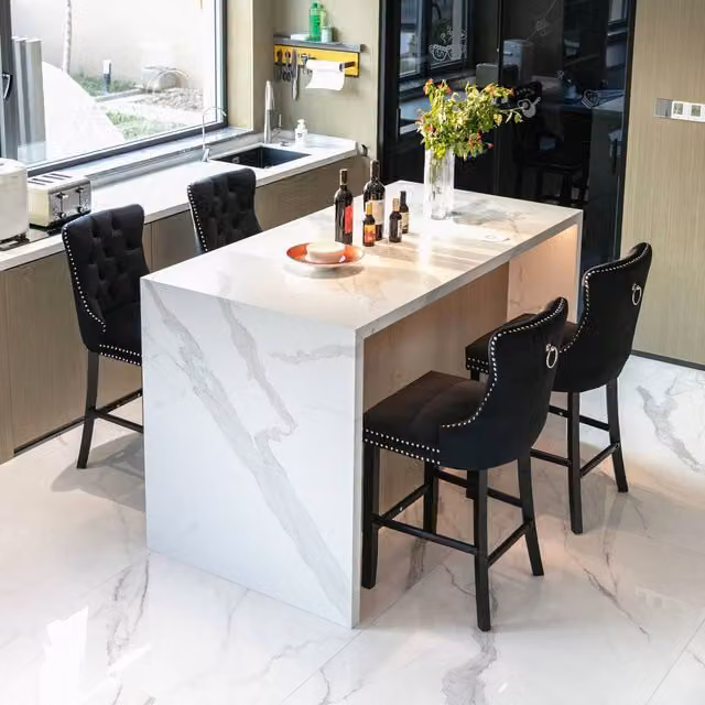 Modern Home Touch Romsey Set of 4 Black Velvet Kitchen Breakfast Barstools with Oak Wooden Legs and Knocker Ring Back