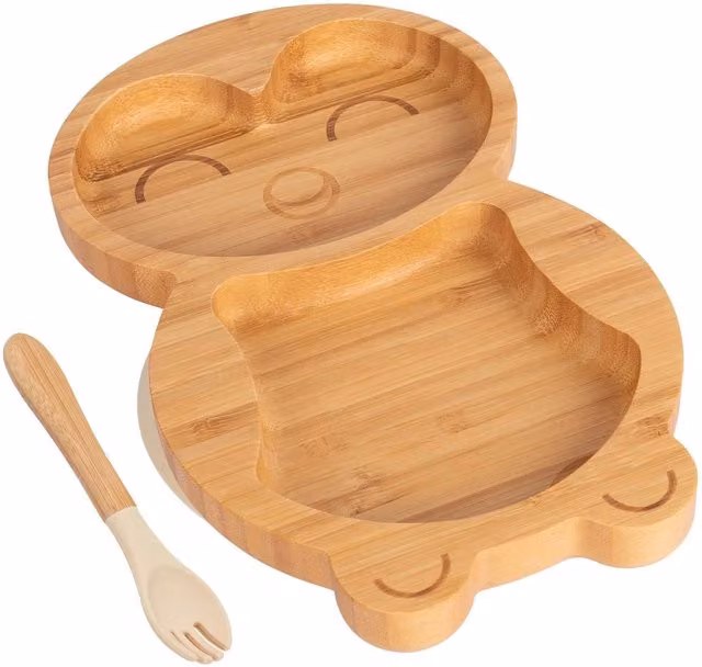 Tiny Dining Bamboo Divided Toddler Weaning Plate and Fork Set, Penguin Design, Beige