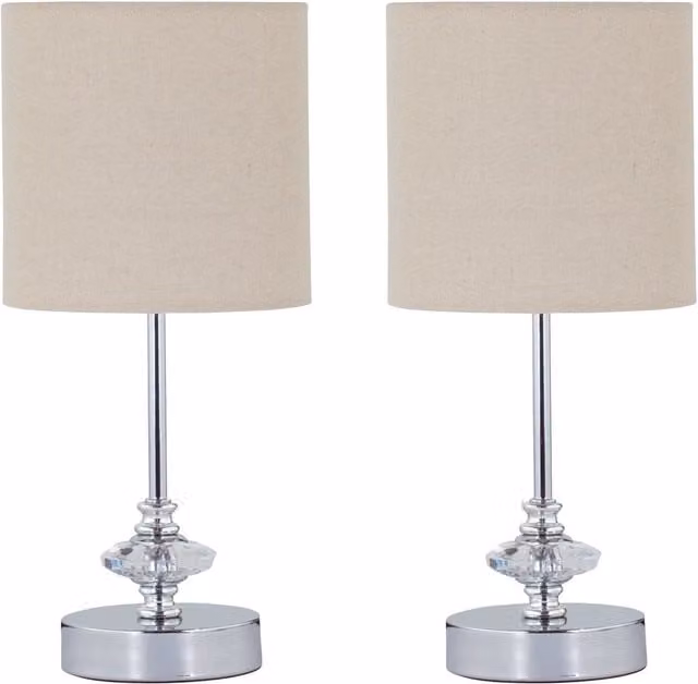 First Choice Lighting Set of 2 Chrome Jewelled Table Lamps with Beige Linen Shades in Silver