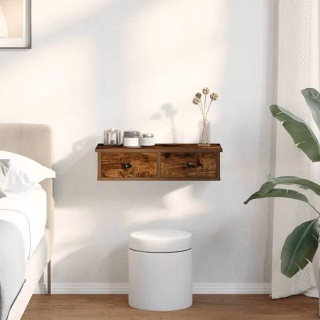 Berkfield Home Wall Mounted Shelf with Drawers in Smoked Oak Brown, W: 60 cm, D: 25 cm, H: 15 cm