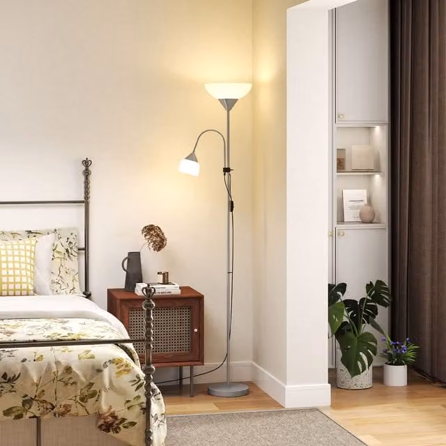 HOMCOM Mother-Child Floor Lamp Duo in Silver with Adjustable Metal Design and Two Switches