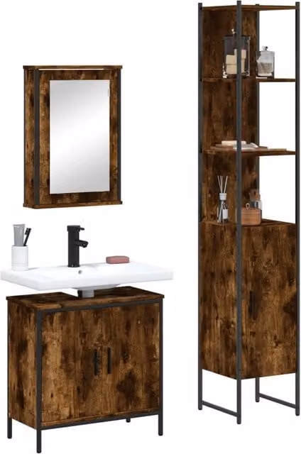 Berkfield Home 3 Piece Brown Smoked Oak Bathroom Furniture Set with Mirror Cabinet and Vanity Unit