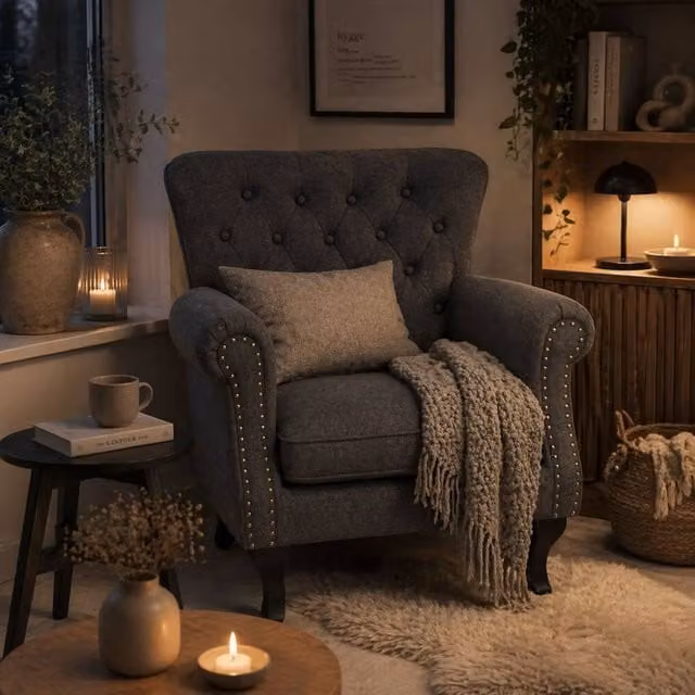 Wyld Haus Rolu Zimo Dark Grey Chesterfield Fabric Accent Chair