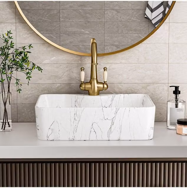 Living and Home Rectangular Ceramic Countertop Vessel Sink in White