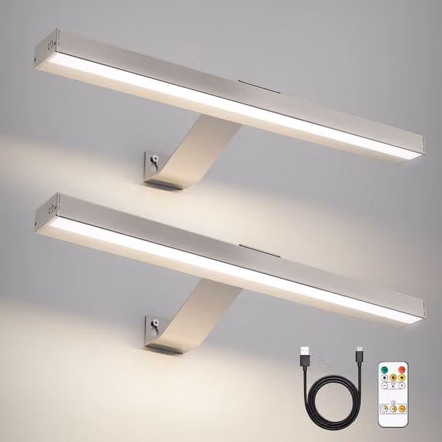 Harper Living Pack of 2 Rechargeable Rectangular LED Picture Lights with Remote Control in Silver/Grey Metal