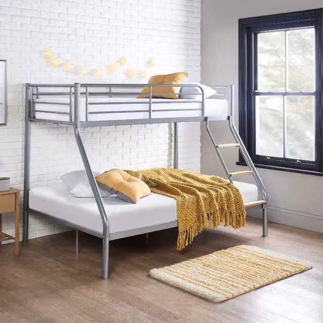 Home Treats Metal Double Bunk Bed Triple Sleeper in Silver