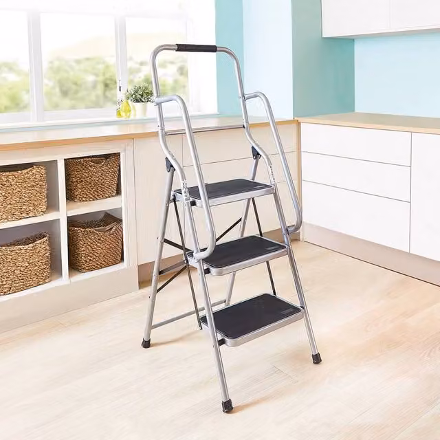 Coopers of Stortford Silver 3-Step Steel Safety Ladder with Handrails, Supports Up to 150kg