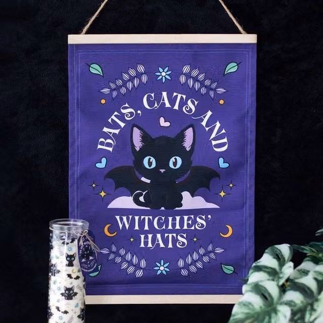 Uniqueful Halloween Fabric Wall Hanging with Bats, Cats and Witches Hats in Purple and Black