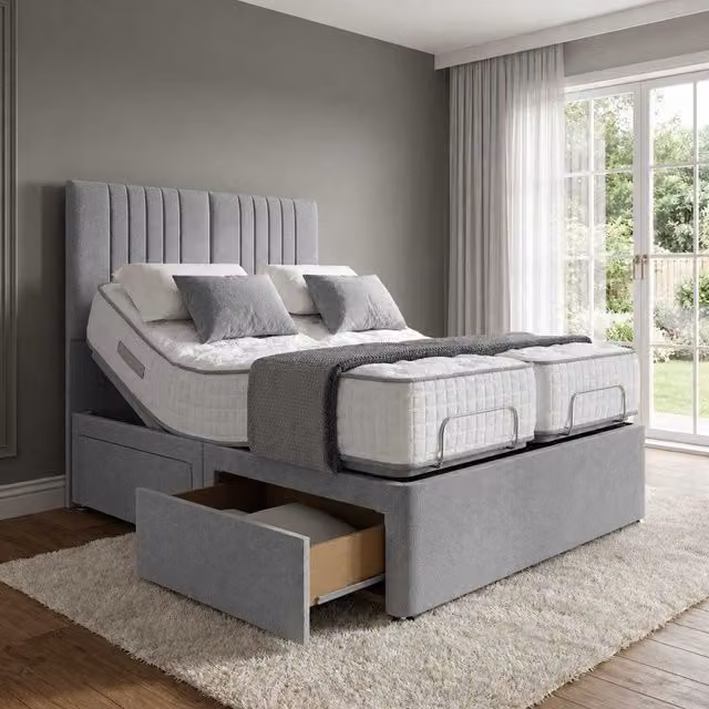 K Mehmood Enterprise Ltd Luxury Electric Adjustable Bed with Storage Drawers and Headboard in Grey Fabric