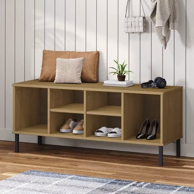 Berkfield Home Oslo Solid Wood Shoe Rack in Brown with Metal Legs, W: 106 cm, D: 35 cm, H: 45 cm
