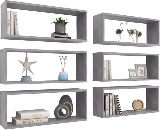 Berkfield Home Wall Cube Shelf, 6 Piece Set in Concrete Grey, W: 60 cm, D: 15 cm, H: 23 cm