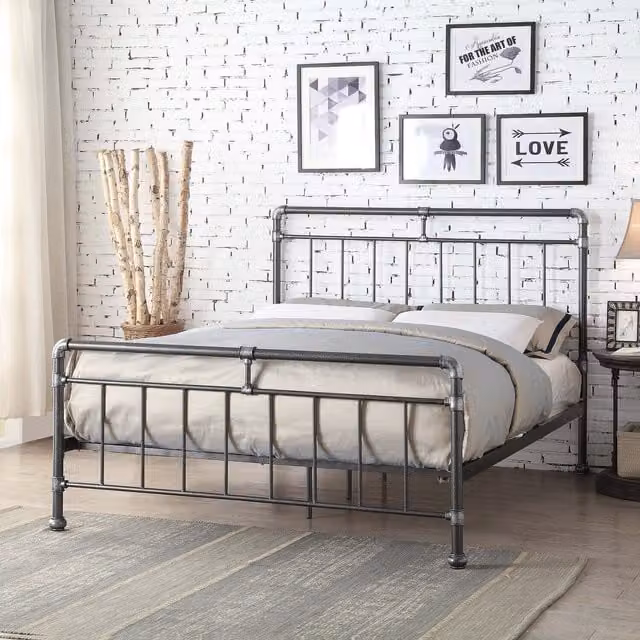 Flintshire Furniture Cilcain Industrial Metal Bed in Black and Silver, King Size (180 x 200 cm)