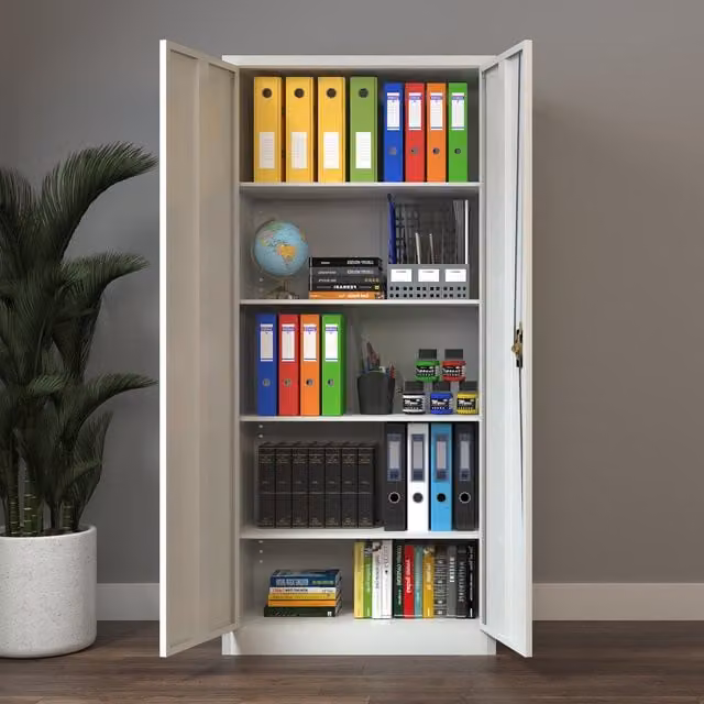 Vinsetto White Lacquered Steel Lockable Filing Cabinet with Adjustable Internal Shelves and Hinged Doors