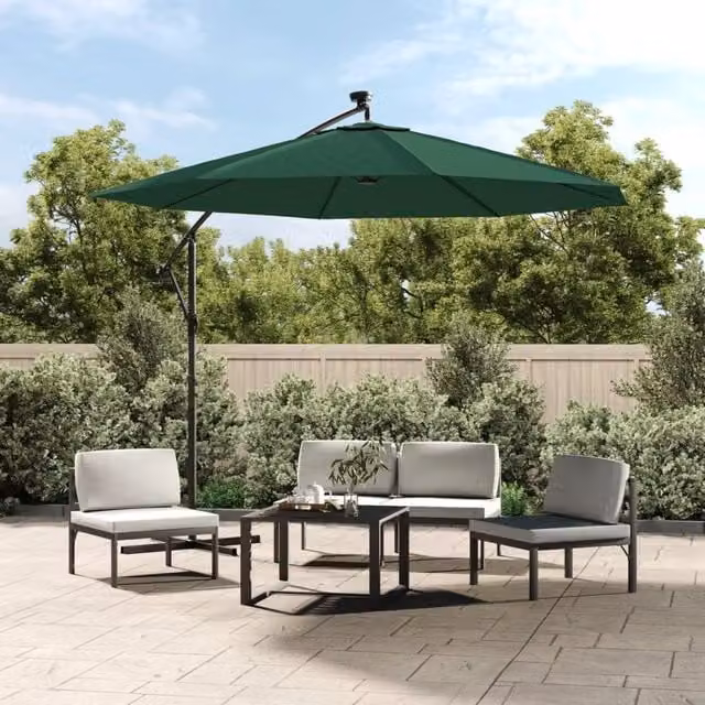 Berkfield Home Green Cantilever Hanging Parasol with LED Lighting and Metal Pole, Diameter: 300 cm
