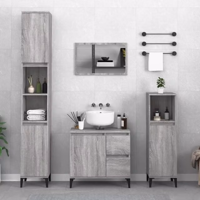 Berkfield Home 3 Piece Modern Grey Bathroom Cabinet Set with Tall Freestanding Unit and Hinged Doors