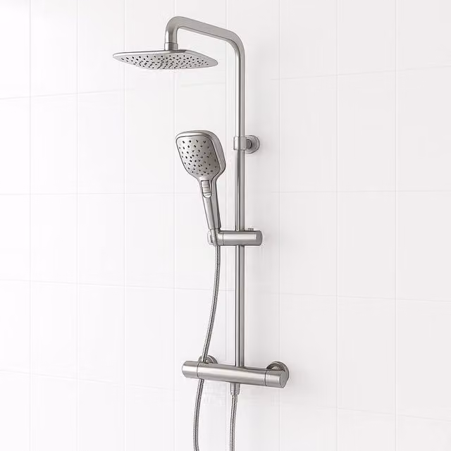Bathroom Kingdom Menai Premium Chrome Square Thermostatic Shower Set with Rain Overhead Shower, Hand Shower and Wall Bar in Silver