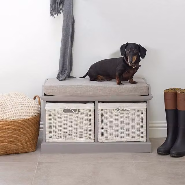 Statement Furniture Tetbury Hallway Storage Bench in Grey with 2 White Wicker Baskets and Grey Fabric Cushion W/D/H: 76 x 40 x 46 cm