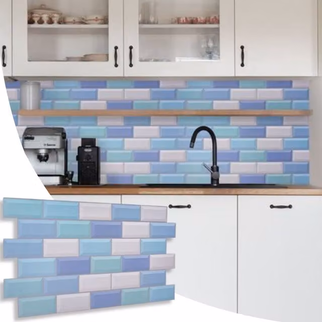NOVECRAFTO Blue and White 3D PVC Wall Panels with Subway Tile Pattern, W: 96 cm, H: 48 cm, Pack of 12