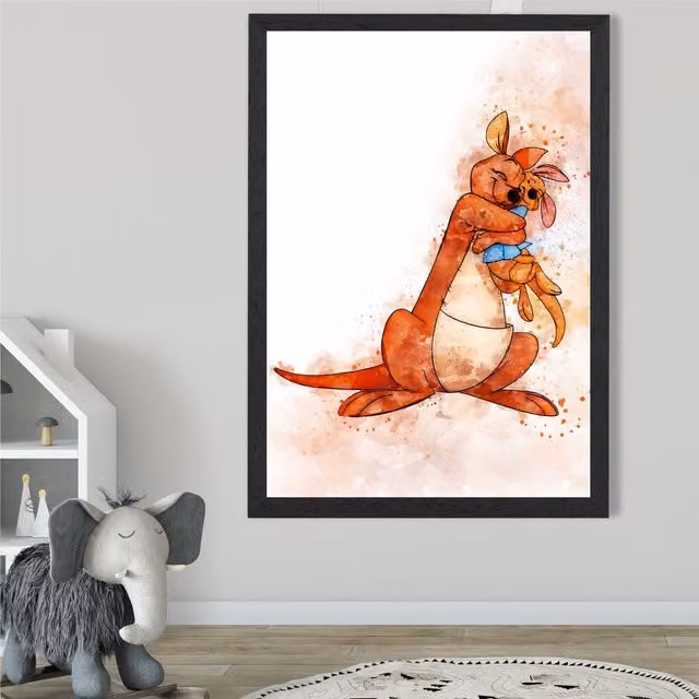 ARTZE Kanga and Roo Watercolour Winnie the Pooh Art Print with Black Frame in Orange