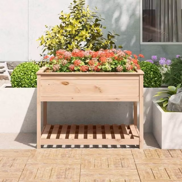 Berkfield Home Solid Wood Pine Planter with Shelf in Light Oak, W/D/H: 111.5 x 111.5 x 81 cm