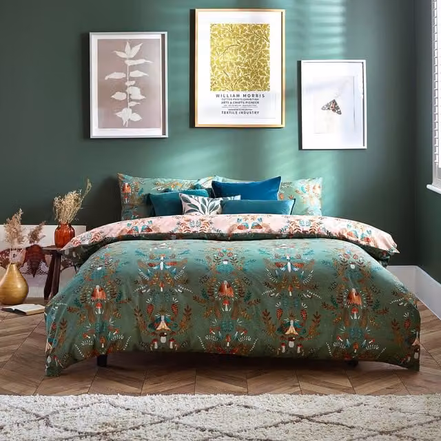 Make it a Home Reversible Floral Art Nouveau Duvet Cover Set in Green and Pink, 200 x 200 cm