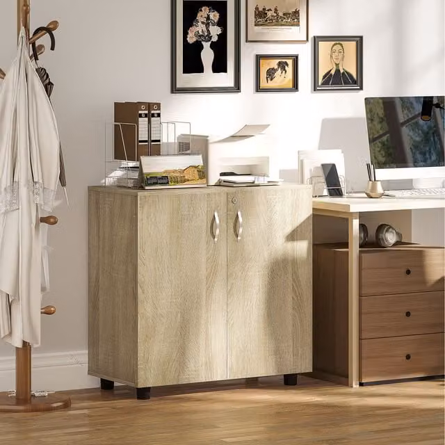 HOMCOM Vinsetto 2 Tier Locking Office Storage Cabinet with Hinged Doors in Oak