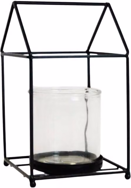 Four Candle Black House Shaped Metal and Glass Tabletop Lantern