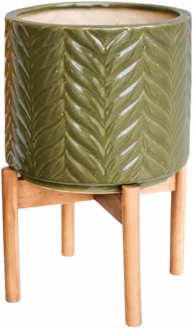 Ivyline Green Ceramic and Wood Tub Planter, W: 28 cm, D: 28 cm, H: 40 cm