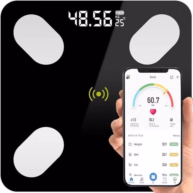 FLAVORA Bluetooth Glass Bathroom Scales with BMI and Body Fat Monitor, Black