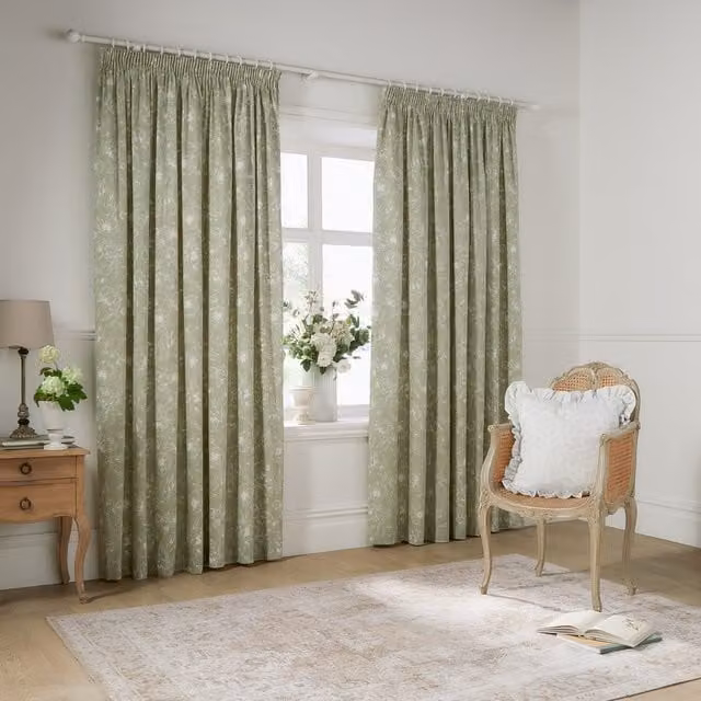 Make It A Home Bella Floral Pencil Pleat Curtain Pair in Green, Height: 229 cm, Width: 168 cm