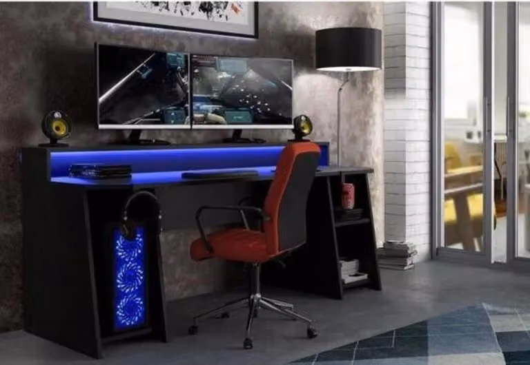 Tezaur Black Gaming Desk with LED Lights and PC Shelf, W/D/H: 200 x 72 x 91.1 cm