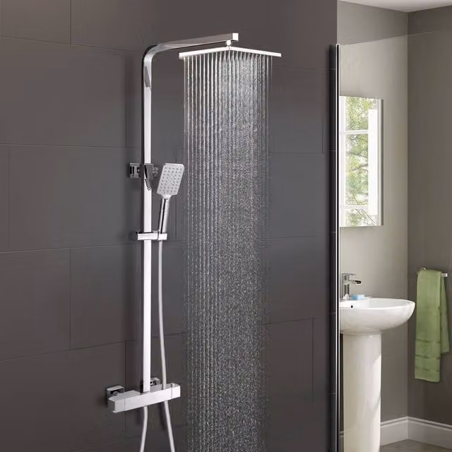 Nes Home Chrome Shower Head with Square Thermostatic Bar Valve and Riser Rail Kit in Silver