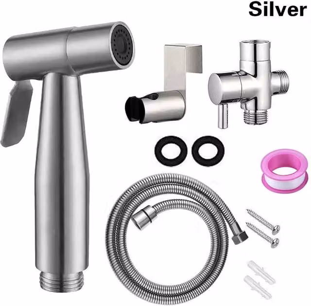 VOGREX Handheld Shattaf Bidet Spray Kit in Silver Brushed Steel
